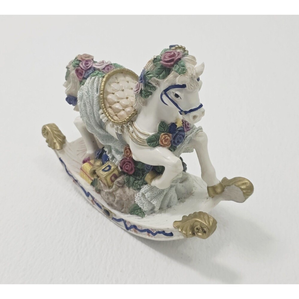Vintage Rocking Horse Wind-Up Music Box Floral Toy Block Design Working